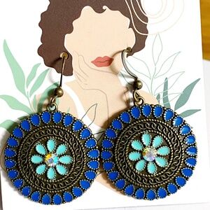 Beautiful Vintage Brass Bohemian Style Inlay Colorful Blue Turquoise Earrings